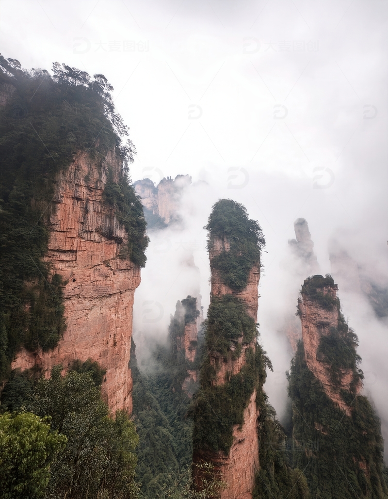 高清大图下载【趣麦麦图】张家界云雾中错落的险峻峰林奇观