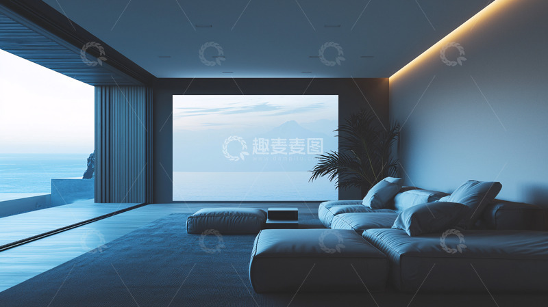 高清大图下载【趣麦麦图】极简海景客厅夜景