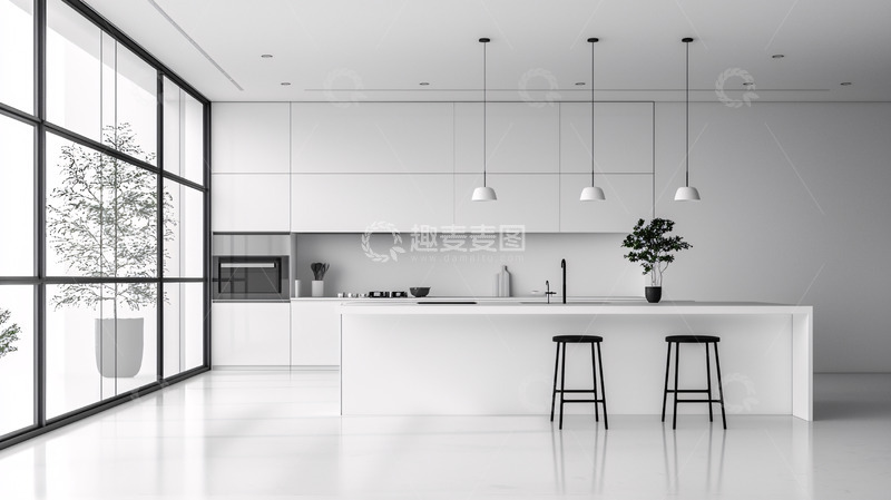 高清大图下载【趣麦麦图】极简风格白色现代厨房