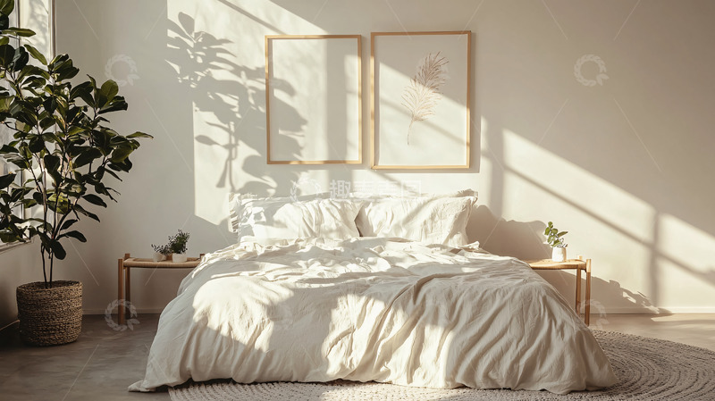 高清大图下载【趣麦麦图】阳光洒满卧室的温馨床铺