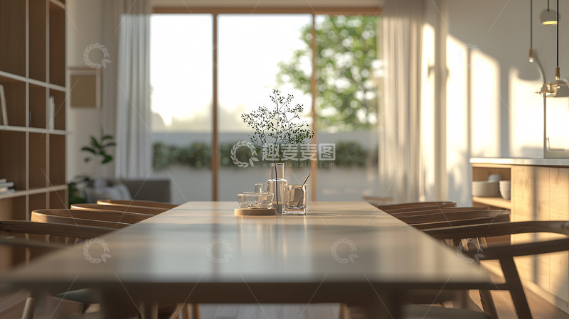 高清大图下载【趣麦麦图】极简风格木质餐桌阳光洒进