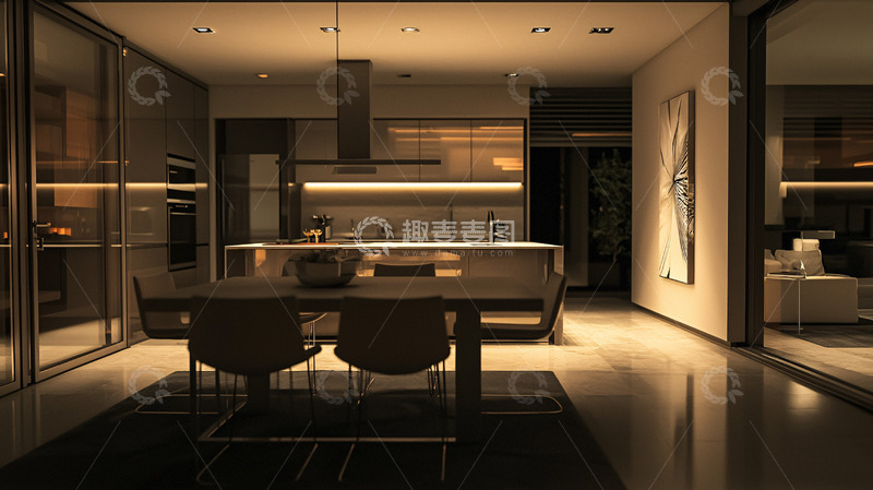 高清大图下载【趣麦麦图】现代极简风格开放式厨房餐厅