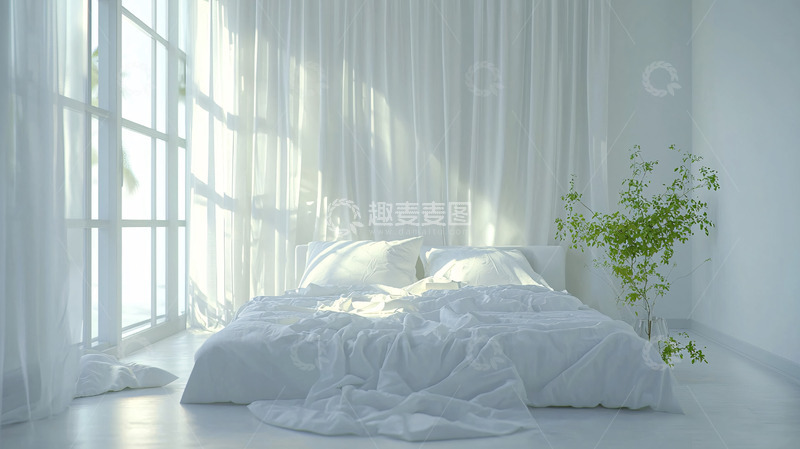 高清大图下载【趣麦麦图】极简白色卧室阳光洒进