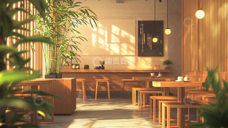 高清大图下载【趣麦麦图】温暖阳光洒落日式茶室