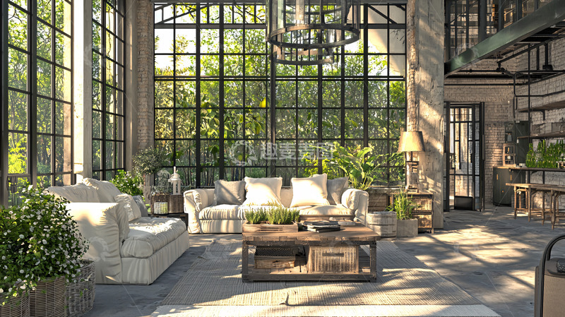 高清大图下载【趣麦麦图】阳光洒进的工业风客厅