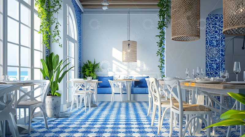 高清大图下载【趣麦麦图】蓝白地中海风格餐厅