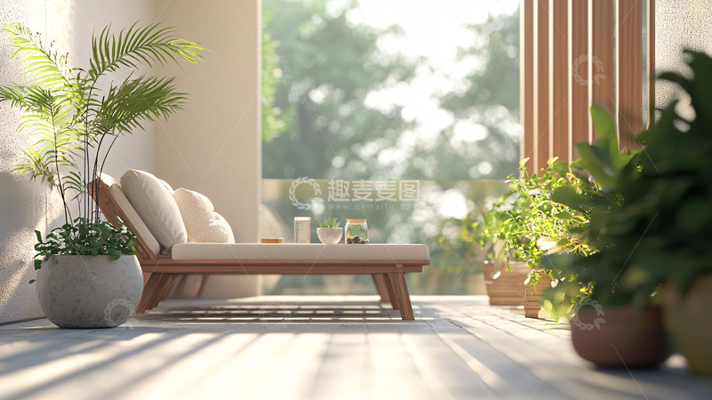 高清大图下载【趣麦麦图】阳光洒满阳台的休闲长椅