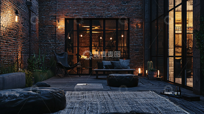 高清大图下载【趣麦麦图】夜晚庭院砖墙住宅