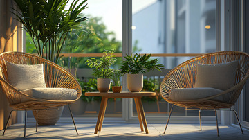 阳光洒进阳台的藤椅