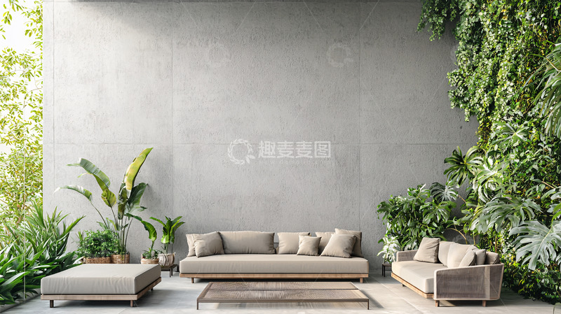 高清大图下载【趣麦麦图】现代简约水泥墙背景沙发绿植