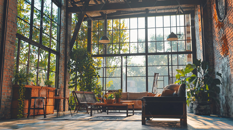 高清大图下载【趣麦麦图】阳光洒进落地窗的loft客厅