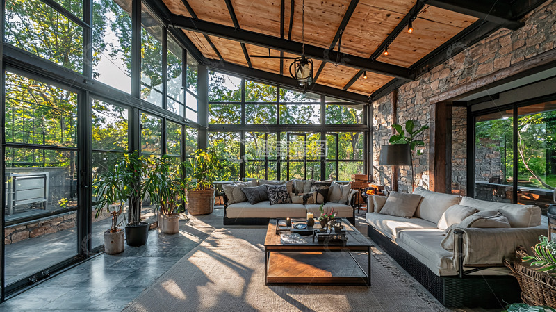 高清大图下载【趣麦麦图】阳光洒进玻璃房客厅