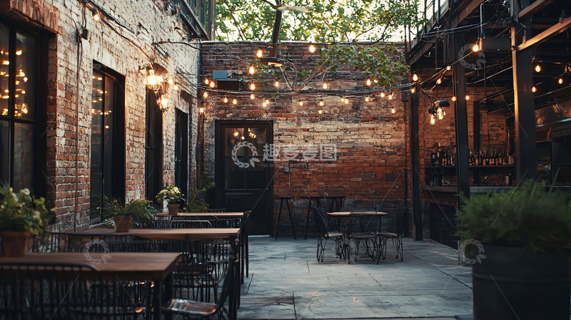 高清大图下载【趣麦麦图】砖墙庭院餐厅夜景