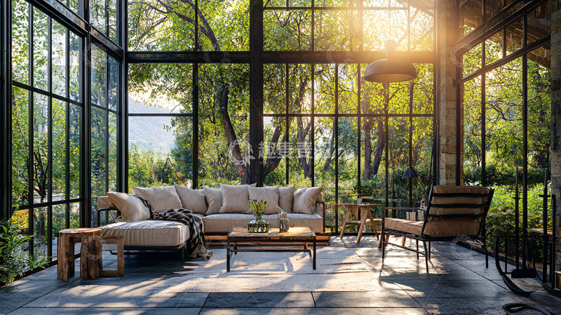 高清大图下载【趣麦麦图】阳光洒满玻璃房客厅
