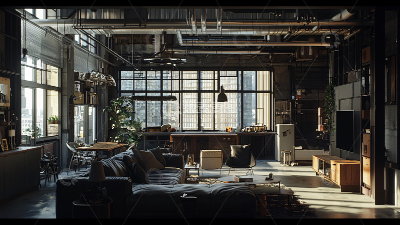 高清大图下载【趣麦麦图】工业风loft客厅