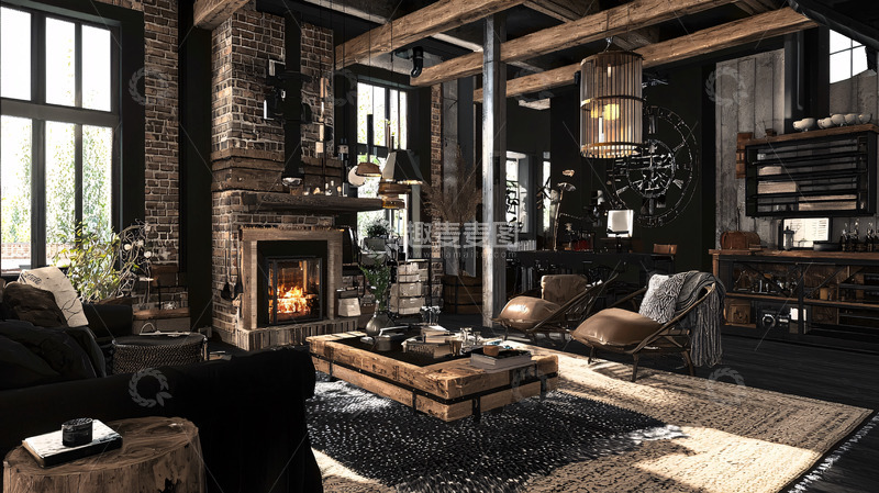 高清大图下载【趣麦麦图】暗黑系工业风客厅
