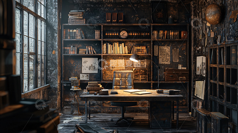 高清大图下载【趣麦麦图】复古工业风书房1