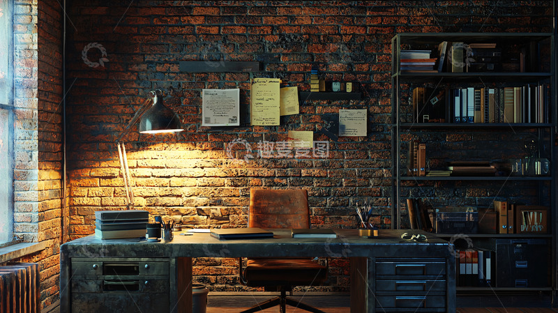 高清大图下载【趣麦麦图】复古工业风砖墙书房