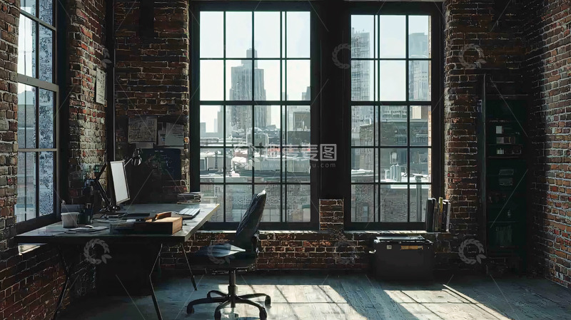 高清大图下载【趣麦麦图】砖墙办公室落地窗城市景观