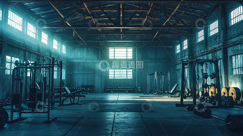 高清大图下载【趣麦麦图】昏暗灯光下的复古健身房