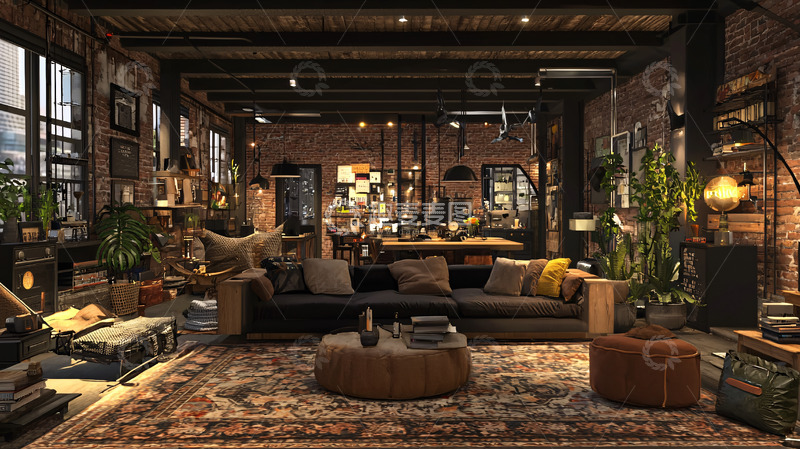 高清大图下载【趣麦麦图】工业风loft客厅