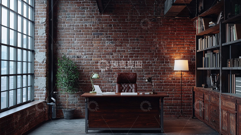 高清大图下载【趣麦麦图】红砖墙工业风书房