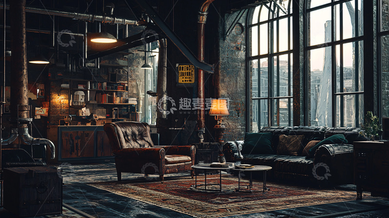 高清大图下载【趣麦麦图】暗黑工业风复古客厅