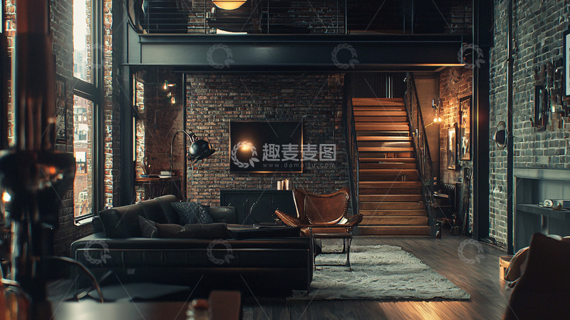 高清大图下载【趣麦麦图】暗黑工业风loft公寓客厅