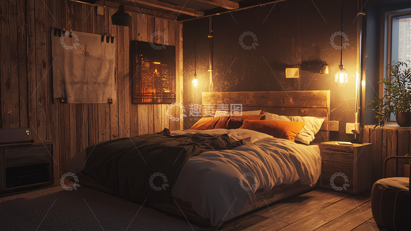 高清大图下载【趣麦麦图】暗色调工业风卧室