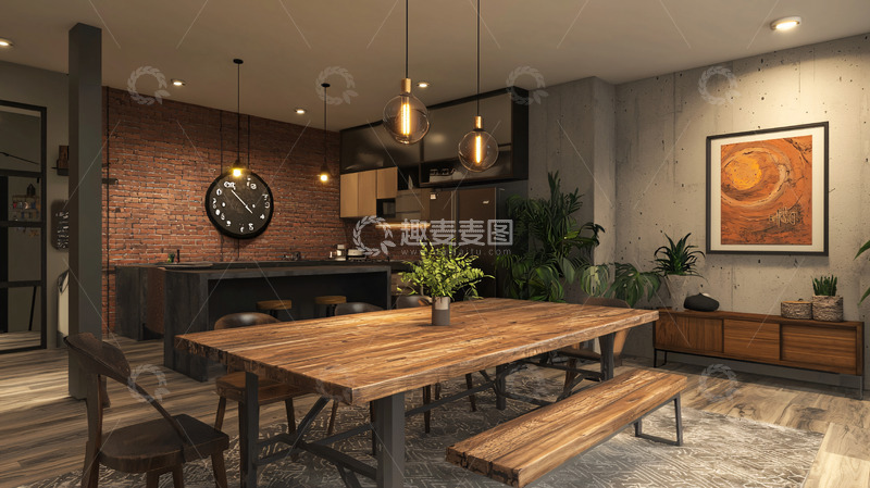 高清大图下载【趣麦麦图】现代工业风长餐桌餐厅设计