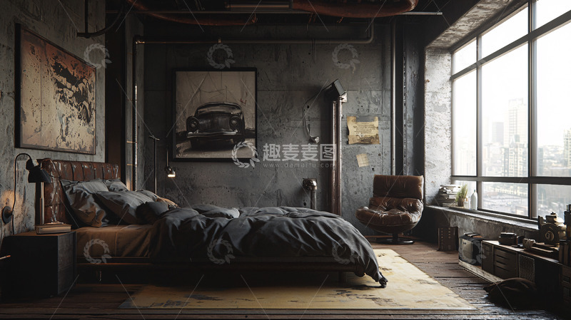 高清大图下载【趣麦麦图】暗色系工业风卧室