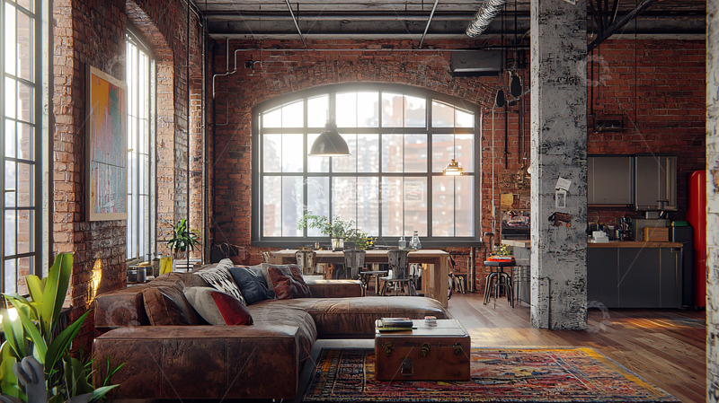 高清大图下载【趣麦麦图】工业风loft公寓客厅
