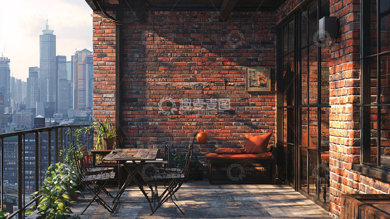 高清大图下载【趣麦麦图】砖墙阳台城市景观