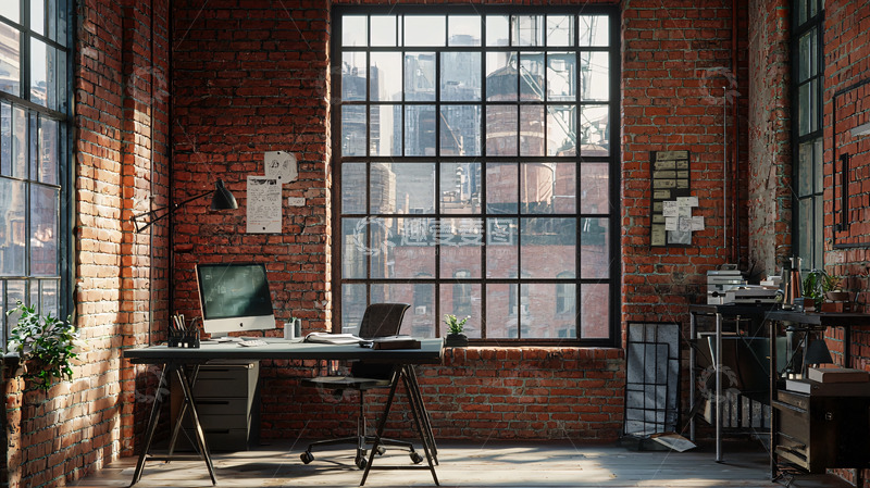 高清大图下载【趣麦麦图】红砖墙工作室落地窗办公空间