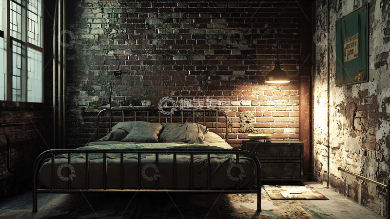 高清大图下载【趣麦麦图】暗色调砖墙卧室