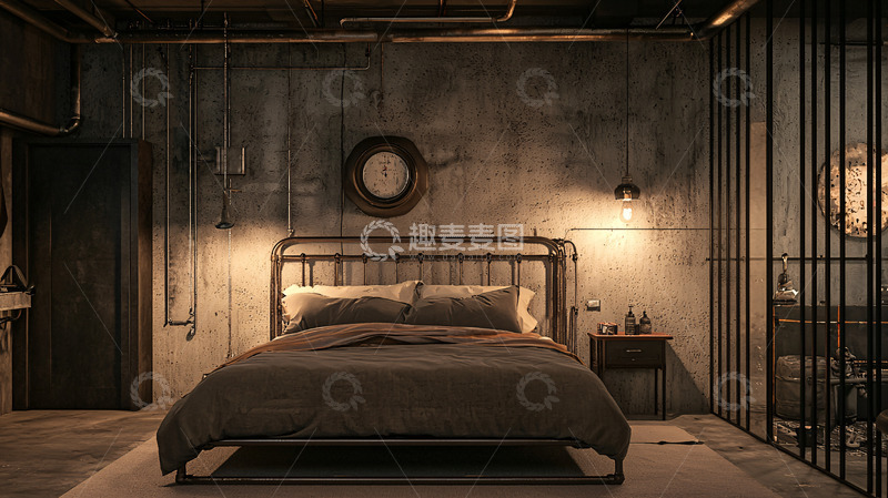 高清大图下载【趣麦麦图】暗色调工业风卧室