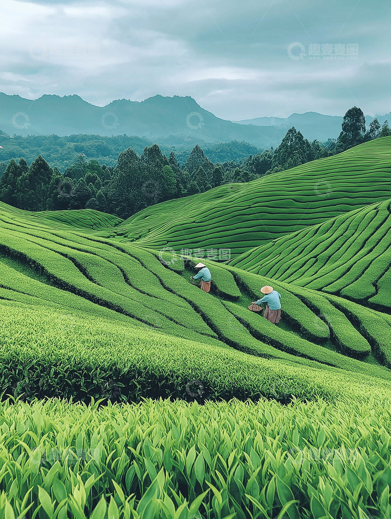 高清大图下载【趣麦麦图】云雾山间茶农劳作摄影图片