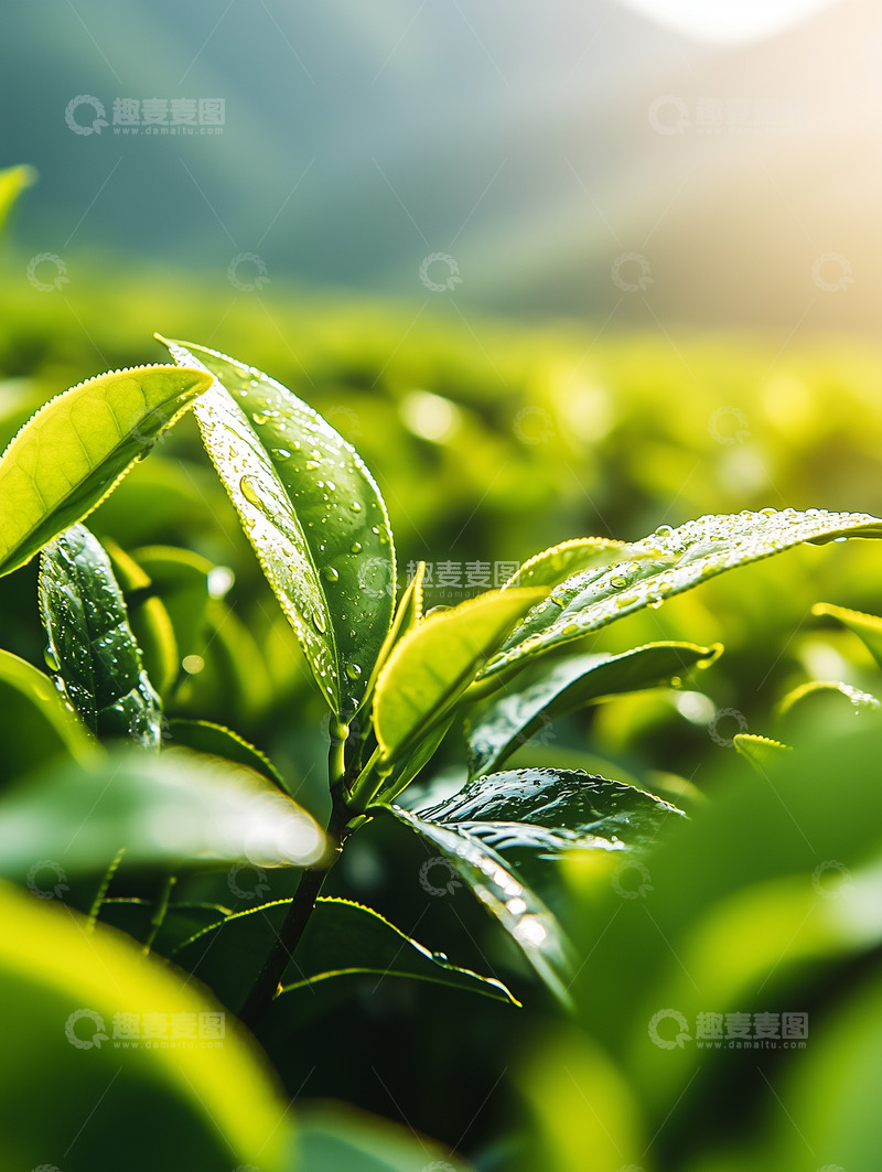 高清大图下载【趣麦麦图】阳光照耀带露珠茶叶特写摄影