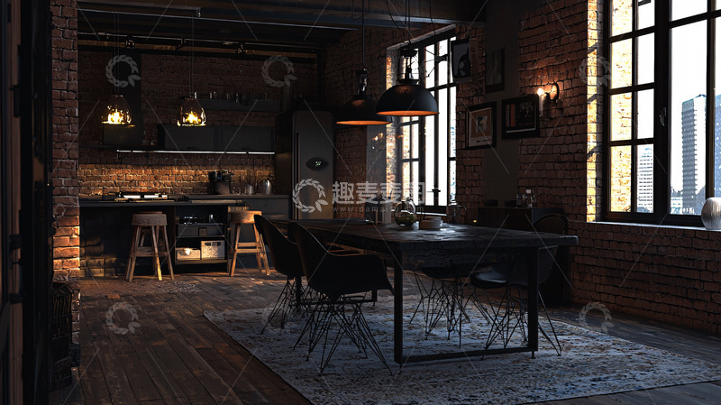 高清大图下载【趣麦麦图】暗色系工业风开放式厨房