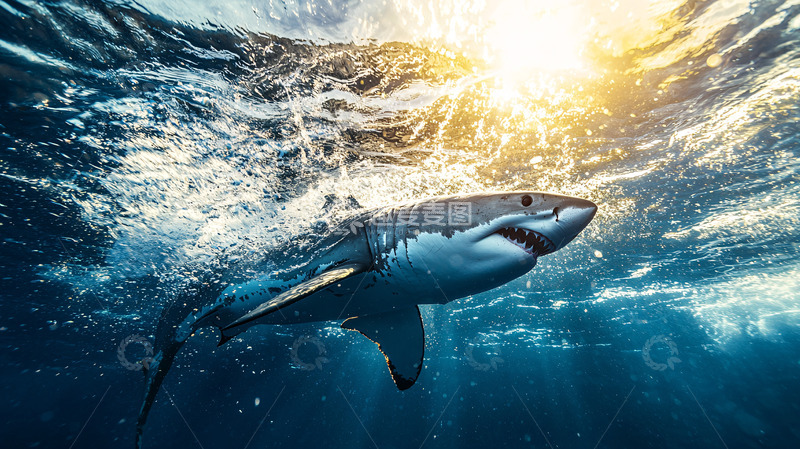 高清大图下载【趣麦麦图】水下大白鲨日落剪影
