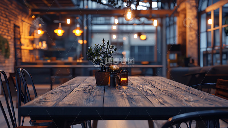 高清大图下载【趣麦麦图】温暖灯光下的木质餐桌