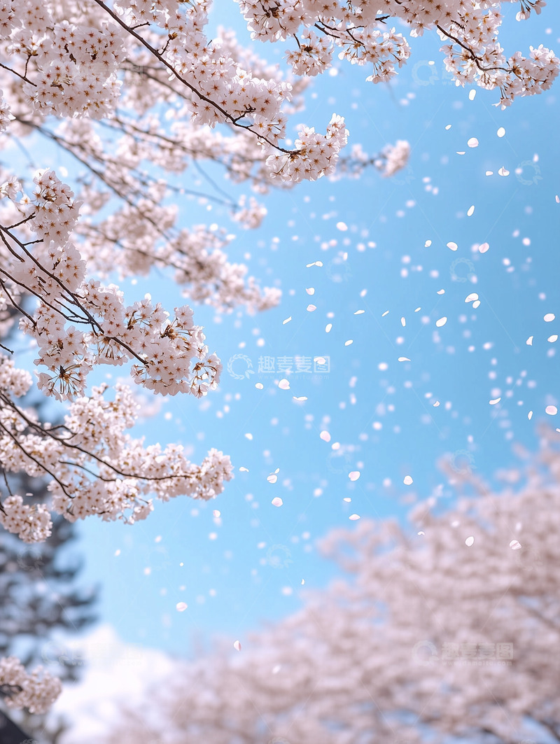 高清大图下载【趣麦麦图】蓝天背景下飘落樱花场景摄影图片
