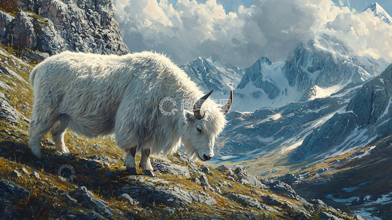 高清大图下载【趣麦麦图】雪山上的白色牦牛