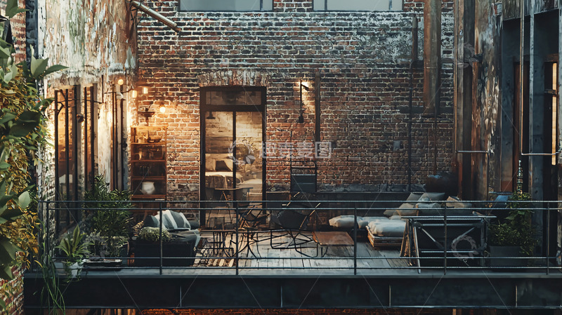 高清大图下载【趣麦麦图】老式砖墙露台夜景