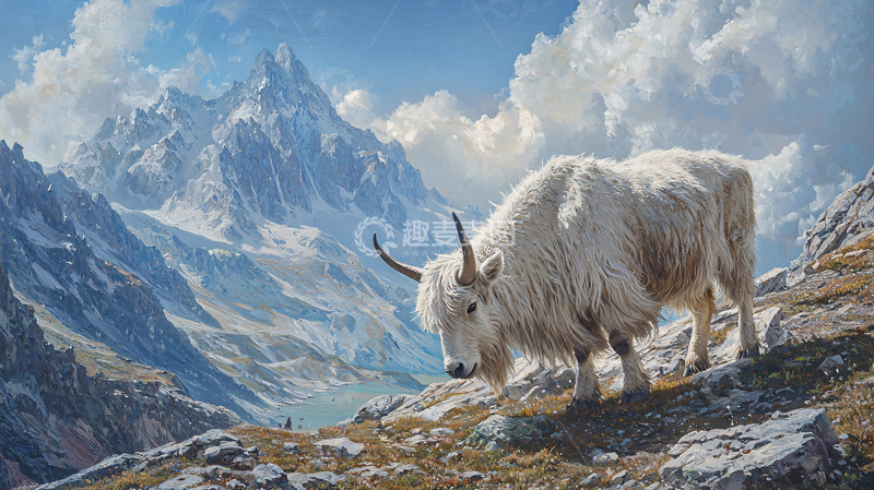 高清大图下载【趣麦麦图】雪山下的白色牦牛