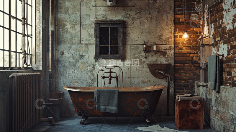 高清大图下载【趣麦麦图】复古工业风铜质浴缸浴室