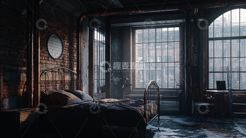 高清大图下载【趣麦麦图】暗色系loft风格卧室