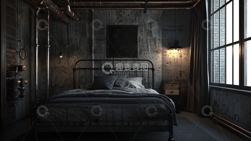 高清大图下载【趣麦麦图】暗色系工业风卧室