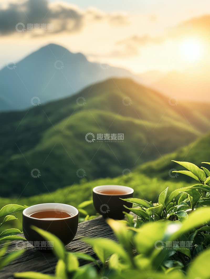 高清大图下载【趣麦麦图】山间茶园与茶杯风景摄影图