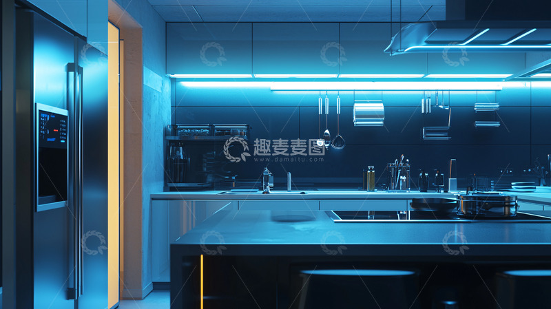高清大图下载【趣麦麦图】现代化蓝色灯光厨房